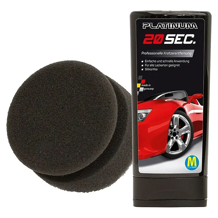 Reparador de arañazos Platinum - 100 ml, Apto para: Pintura para coches - Imagen del conjunto eliminador de arañazos Platinum 20 Sec. con dos almohadillas aplicadoras negras para la eliminación profesional de arañazos.