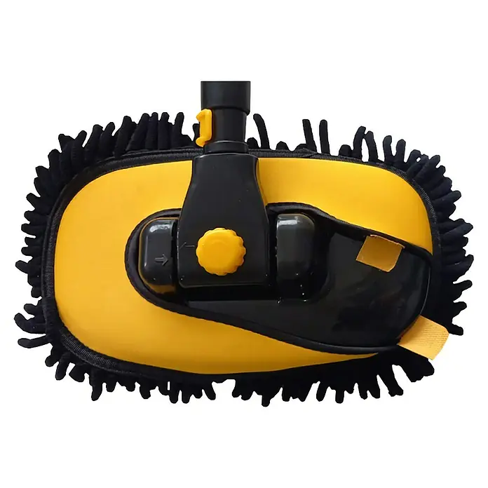 Mopa de microfibra AutoMop - Telescópico - Primer plano de un plumero amarillo con flecos negros y mango ajustable, ideal para la limpieza.