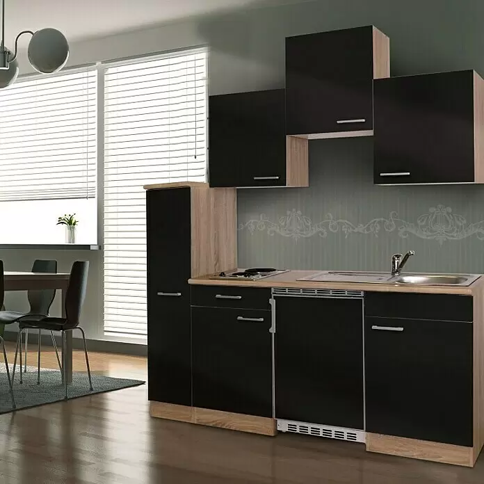 Respekta Cocina compacta Luis - Ancho: 180 cm, Negro, Color del cuerpo: Marrón, Con placa vitrocerámica - Mueble de cocina moderno con frentes negros brillantes y detalles de madera clara, con electrodomésticos integrados en un ambiente contemporáneo.