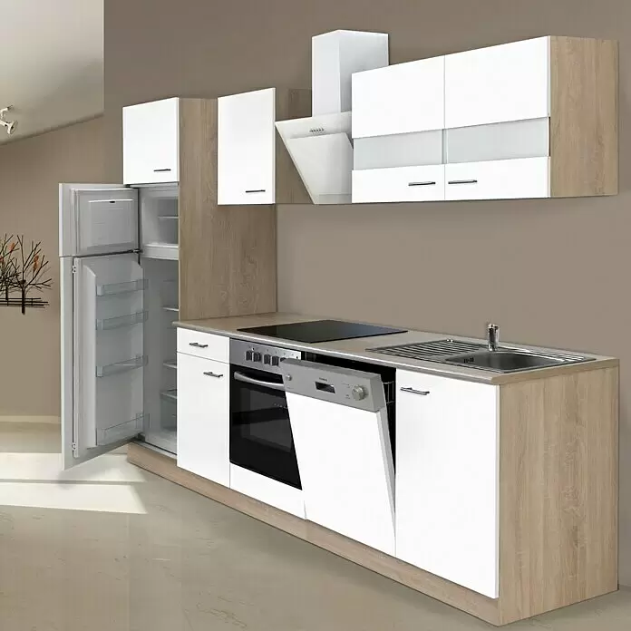 Respekta Composición de cocina Merle - Ancho: 280 cm, Blanco, Con electrodomésticos, Volumen horno: 72 l - Conjunto de cocina moderno con armarios blancos y efecto madera, con frigorífico, horno, vitrocerámica, lavavajillas y fregadero integrados.