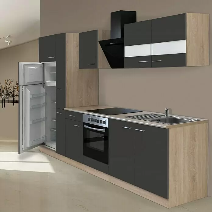 Respekta Composición de cocina Merle - Ancho: 300 cm, Gris, Con electrodomésticos, Volumen horno: 72 l - Cocina moderna con armarios gris oscuro, acentos efecto madera clara, horno, placa, fregadero integrados y nevera alta.