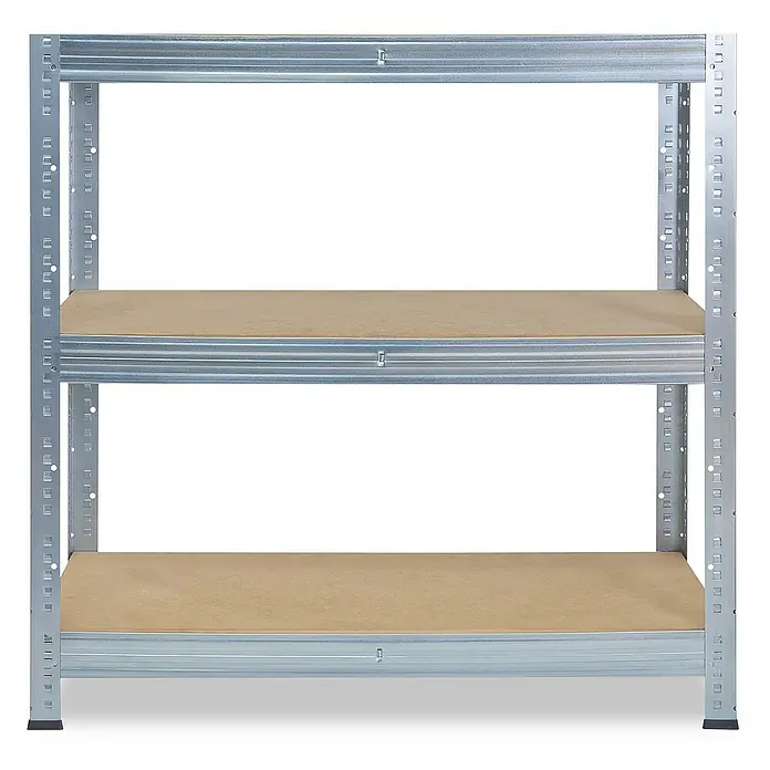 shelfplaza Schwerlastregal PRO - H x B x T: 90 x 80 x 60 cm, Traglast pro Boden: 200 kg, Stecken, verzinkt - Ein Regal mit drei Ablagen. Das Regal ist aus Metall gefertigt und hat Holzböden. Es ist ideal für die Lagerung von Gegenständen.