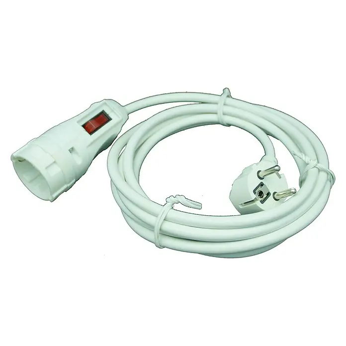 Voltomat Verlängerungskabel - 5 m, Weiß, IP20, H05VV-F - Nahaufnahme einer weißen Lampenfassung mit Kabel und Schalter, die zusammengerollt auf einem weißen Hintergrund liegt.