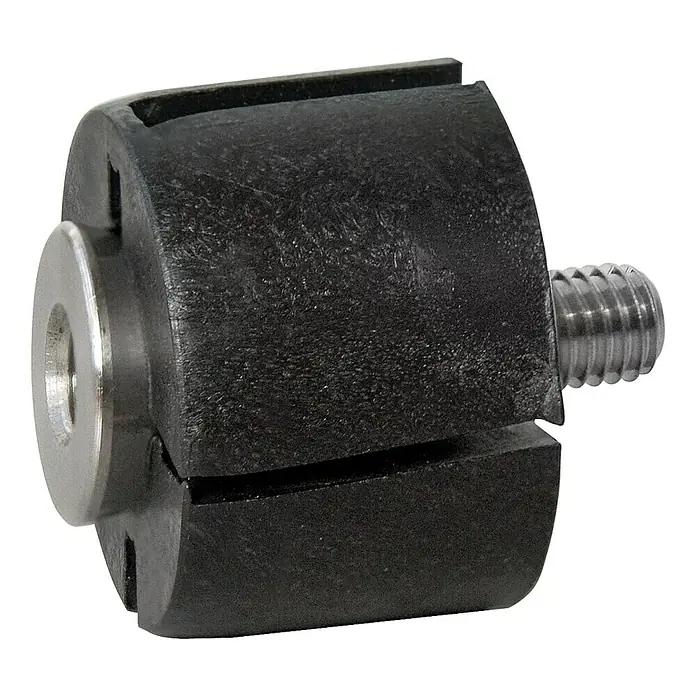 Treba Frewa Rohrkupplung E13 - Edelstahl V2A, Gewinde: M 8, Geeignet für: Metallhandlauf Ø 42,4 x 2 mm - Nahaufnahme einer schwarzen Motoraufhängungsbuchse mit Gewindebolzen und Metallscheibe.