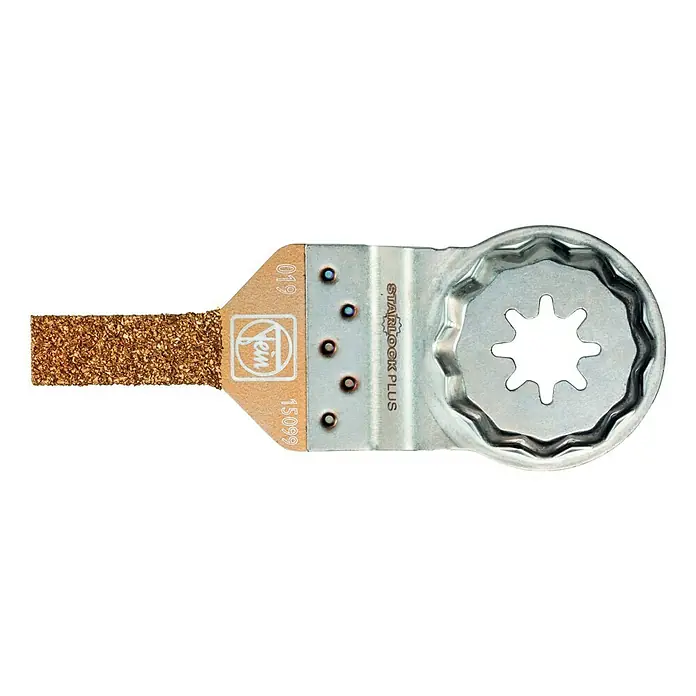 Fein Starlock Plus Hartmetall-Feile - 30 x 10 mm - Das Bild zeigt ein Fein Starlock Plus Sägeblatt, ein Werkzeug für oszillierende Elektrowerkzeuge, das für präzise Schnitte in verschiedenen Materialien geeignet ist.