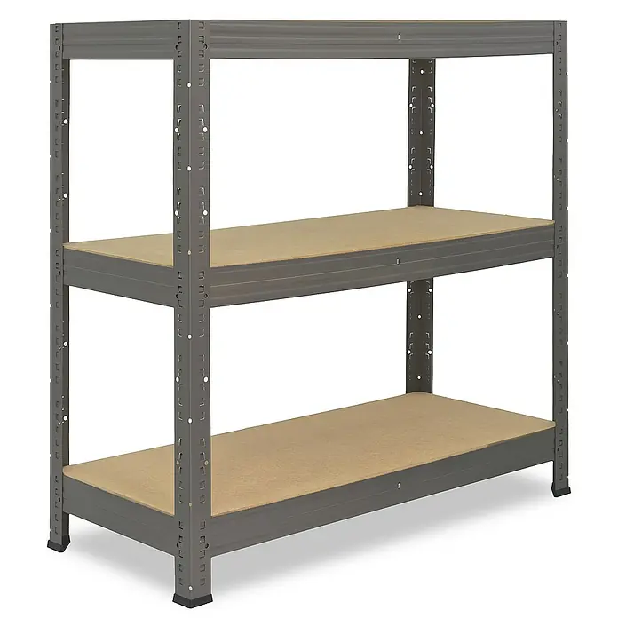 shelfplaza Schwerlastregal PRO - H x B x T: 90 x 60 x 40 cm, Traglast pro Boden: 200 kg, Stecken, grau - Graues Regal mit zwei Holzregalen und einer stabilen Metallkonstruktion für Lagerung und Organisation in Garage oder Keller.