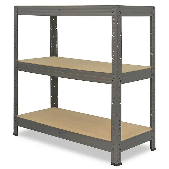 shelfplaza Schwerlastregal PRO - H x B x T: 90 x 60 x 40 cm, Traglast pro Boden: 200 kg, Stecken, grau - Abbildung eines dreistöckigen Metallregals mit Holzregalböden, ideal für Lagerung und Organisation.
