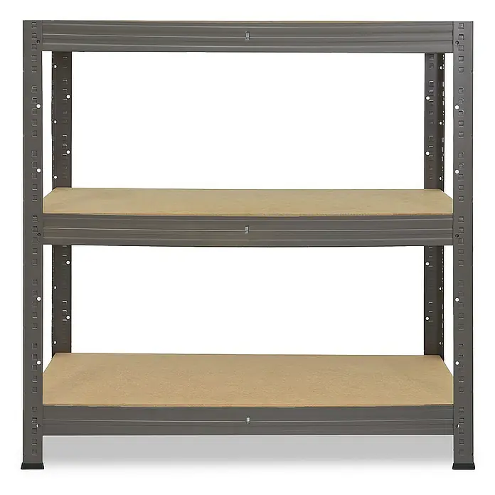 shelfplaza Schwerlastregal PRO - H x B x T: 90 x 60 x 40 cm, Traglast pro Boden: 200 kg, Stecken, grau - Abbildung eines dreistöckigen, freistehenden Lagerregals aus grauem Metall mit Spanplattenböden.