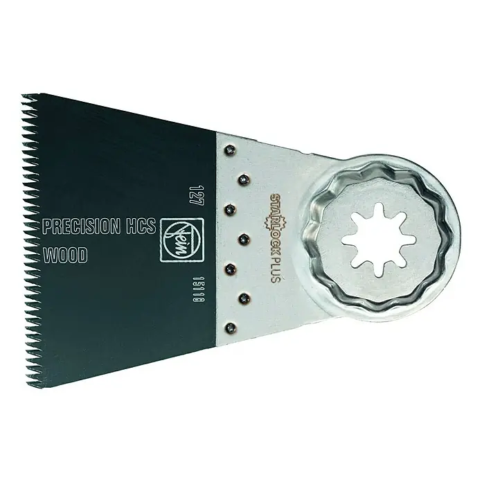 Fein Starlock Plus Hoja de sierra E-Cut Precision - 65 x 50 mm, 3 ud. - Hoja de sierra Fein para madera con dentado HCS de precisión y montaje StarlockPlus para herramientas eléctricas oscilantes.