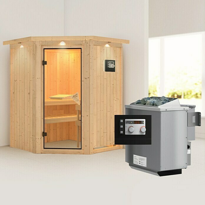 Karibu Elementsauna Larin (Mit 9 kW Bio-Ofen mit externer Steuerung, Mit Dachkranz und Beleuchtung, L x B x H: 165 x 165 x 192 cm)