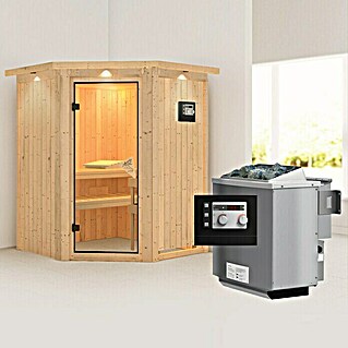 Karibu Elementsauna Larin (Mit 9 kW Bio-Ofen mit externer Steuerung, Mit Dachkranz und Beleuchtung, L x B x H: 165 x 165 x 192 cm)