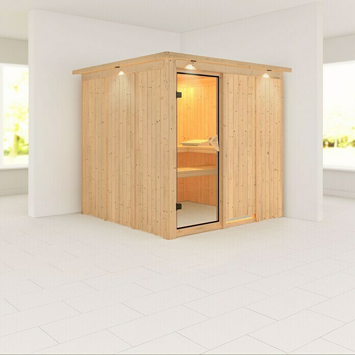 Karibu Elementsauna Rodin (Ohne Ofen, Mit Dachkranz und Beleuchtung, L x B x H: 210 x 210 x 192 cm)