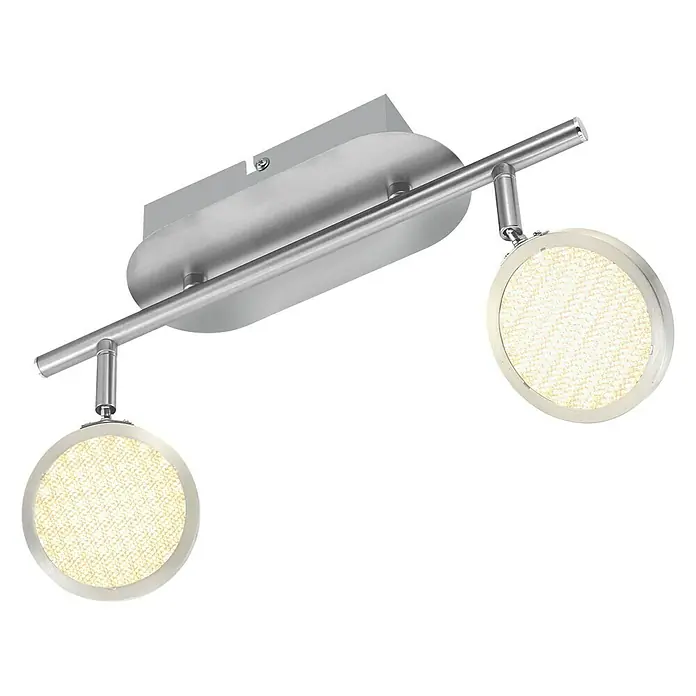 Tween Light Regleta LED Ganda - 6,6 W, L x An x Al: 315 x 90 x 190 mm, Níquel mate, Blanco cálido, 2 ud. - Imagen de una lámpara de techo moderna con dos focos redondos con detalles en color plata.