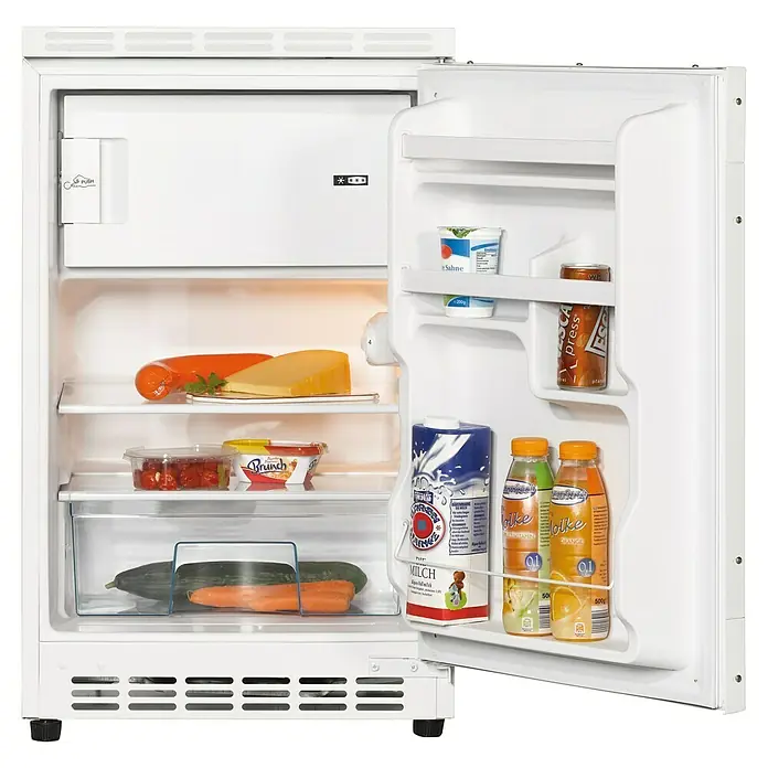 Respekta Cocina compacta Luis - Ancho: 150 cm, Negro, Frigorífico y placa vitrocerámica - Un refrigerador blanco abierto lleno de una variedad de alimentos, incluyendo leche, jugo, verduras y queso.
