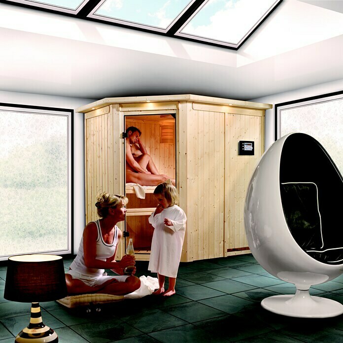 Karibu Systemsauna (Ohne Ofen, Mit Dachkranz und Beleuchtung, 195 x 152 x 198 cm)
