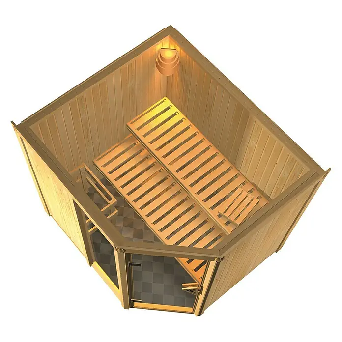 Karibu Elementsauna Fiona - Mit 9 kW Ofen mit integrierter Steuerung, Ohne Dachkranz, L x B x H: 196 x 170 x 192 cm - Innenansicht einer Holzsauna mit zwei Sitzbänken und einer Lampe. Die Sauna hat eine gläserne Tür und einen Schachbrettboden.