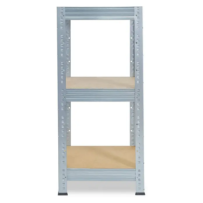 shelfplaza Schwerlastregal PRO - H x B x T: 90 x 30 x 30 cm, Traglast pro Boden: 200 kg, Stecken, verzinkt - Ein graues Metallregal mit zwei Holzböden, das eine praktische Aufbewahrungslösung bietet. Ideal für Garage, Keller oder Lagerraum.