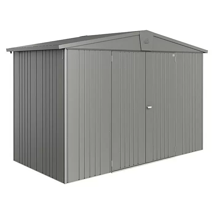 Biohort Europa Gerätehaus Europa Gr. 4A - Außenbreite inkl. Dachüberstand: 316 cm, Außentiefe inkl. Dachüberstand: 156 cm, Stahl, Quarzgrau - Diagonale Ansicht