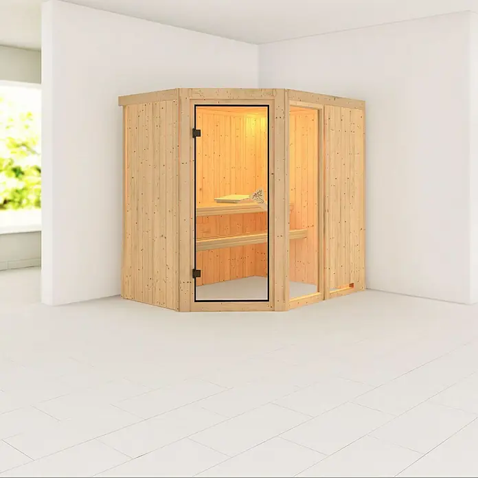 Karibu Elementsauna Fiona - Ohne Ofen, Ohne Dachkranz, L x B x H: 196 x 151 x 192 cm - Ein Ecksauna-Modell mit Glasfront und Holzeinrichtung fügt sich nahtlos in eine moderne Badezimmerumgebung ein und lädt zur Entspannung ein.