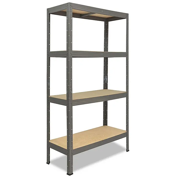 shelfplaza Schwerlastregal PRO - H x B x T: 180 x 90 x 60 cm, Traglast pro Boden: 200 kg, Stecken, grau - Aufnahme eines grauen Schwerlastregals mit vier Holzregalböden für die Lagerung in Garage oder Keller.