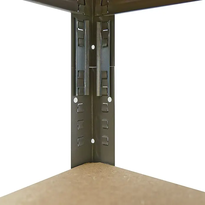 shelfplaza Schwerlastregal PRO - H x B x T: 180 x 90 x 60 cm, Traglast pro Boden: 200 kg, Stecken, grau - Detailansicht eines Regals mit robusten Metallstützen und einer Holzablage, ideal für Lagerung und Organisation.