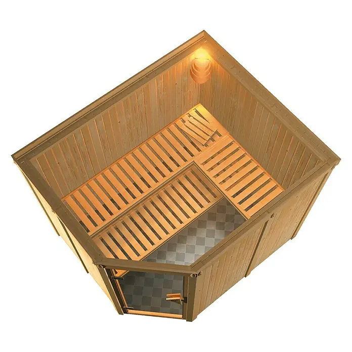 Karibu Elementsauna Malin - Mit 9 kW Ofen mit externer Steuerung, Ohne Dachkranz, L x B x H: 231 x 196 x 192 cm - Innenansicht einer Sauna mit Holzverkleidung, Sitzbänken und einem Schachbrettmusterboden. Eine Lampe sorgt für warmes Licht.