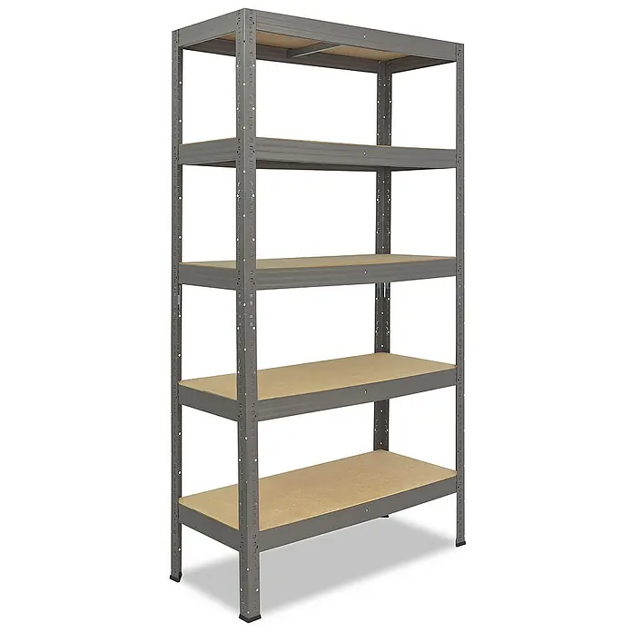 shelfplaza Schwerlastregal PRO - H x B x T: 200 x 110 x 50 cm, Traglast pro Boden: 200 kg, Stecken, grau - Ein graues Metallregal mit fünf Regalböden aus Holz. Das Regal ist stabil und bietet viel Stauraum. Perfekt für Garage oder Keller.