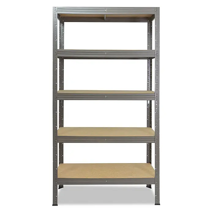shelfplaza Schwerlastregal PRO - H x B x T: 200 x 110 x 50 cm, Traglast pro Boden: 200 kg, Stecken, grau - Abbildung eines stabilen Lagerregals mit fünf Holzfächern und einem robusten Metallrahmen, ideal für Lagerung und Organisation.
