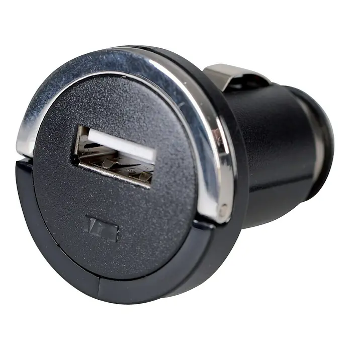 USB-Ladeadapter - USB-Anschluss, Eingangsspannung: 12 V - 24 V - Nahaufnahme eines schwarzen USB-Ladegeräts mit Chromrand für den Zigarettenanzünder im Auto.