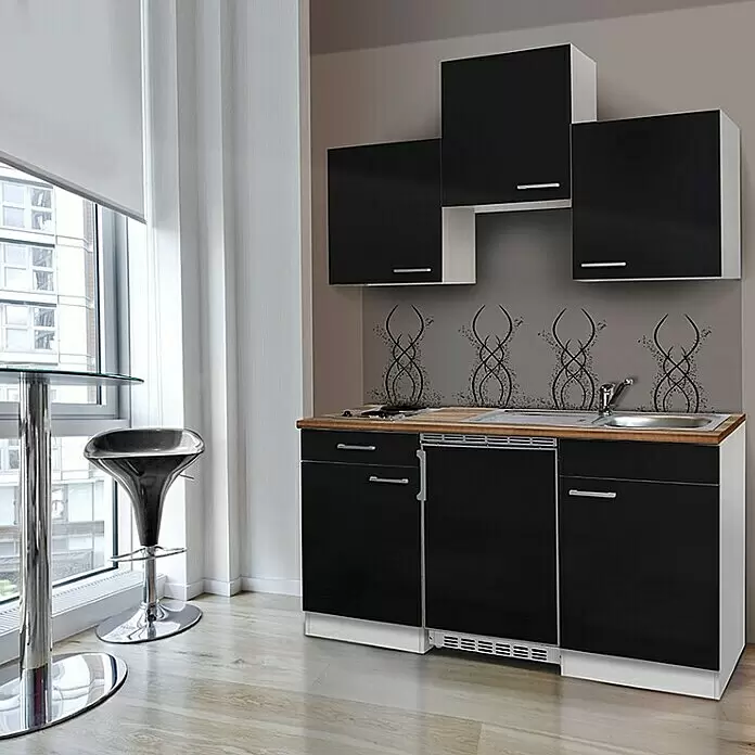 Respekta Cocina compacta Luis - Ancho: 150 cm, Negro, Frigorífico y placa vitrocerámica - Mueble de cocina compacto blanco y negro con encimera de madera, fregadero, placa y electrodoméstico integrado, en un apartamento moderno.