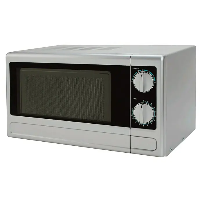 Respekta Cocina compacta Luis - Ancho: 180 cm, Gris, Color del cuerpo: Blanco, Con placa de cocina doble y microondas - Microondas de color plateado con mandos giratorios para ajustar la potencia y el tiempo para calentar alimentos.