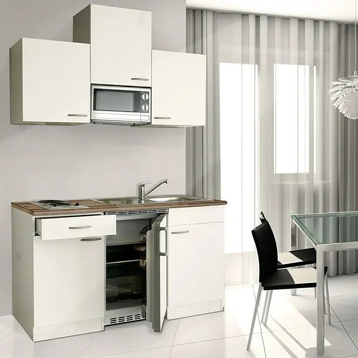 Respekta Cocina compacta Luis - Ancho: 150 cm, Blanco, Con placa de cocina doble, Microondas, Color de la encimera: Nogal - Cocina compacta con fregadero, fogones, microondas y nevera, perfecta para espacios pequeños o apartamentos.