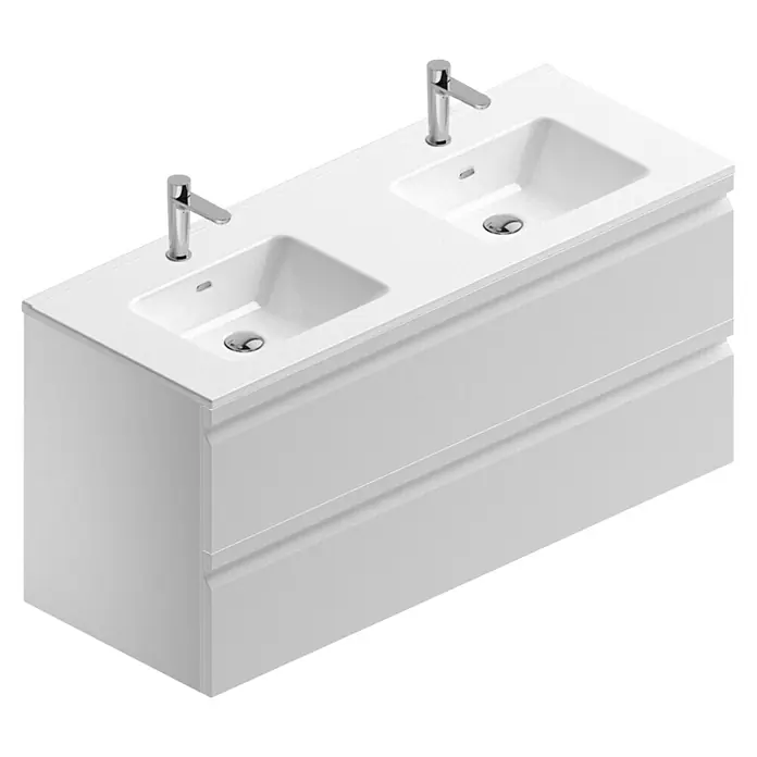 Camargue Pull Waschtischunterschrank - B x T x H: 120 x 45,4 x 55 cm, Weiß - Doppelwaschtisch mit zwei Waschbecken und zwei Armaturen, ideal für ein modernes Badezimmer. Der Waschtisch bietet Stauraum mit zwei Schubladen.