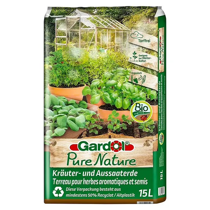 Gardol Pure Nature Aussaat- & Kräutererde Bio - 15 l - Bild einer Packung Gardol Pure Nature Kräuter- und Aussaaterde, torffrei, organisch und biologisch für aromatische Kräuter und Keimlinge.