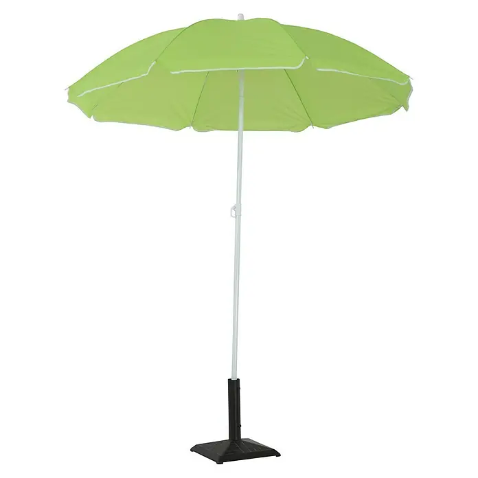 Sunfun Strandschirm - Grün, Durchmesser Bespannung: 180 cm - Dieser Artikel zeigt einen hellgrünen Sonnenschirm mit weißem Rand und einem weißen Mast auf einem schwarzen Ständer.