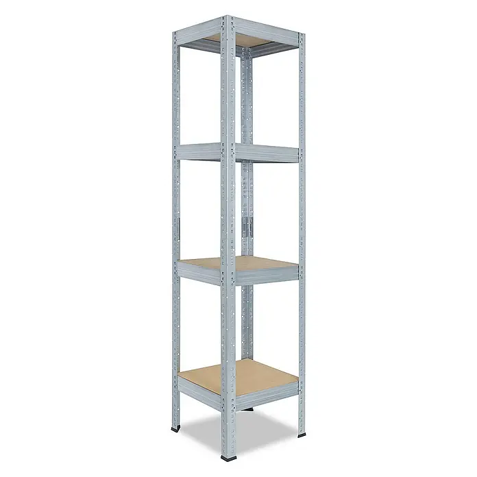 shelfplaza Schwerlastregal PRO - H x B x T: 200 x 40 x 40 cm, Traglast pro Boden: 200 kg, Stecken, verzinkt - Aufnahme eines silbernen Metallregals mit vier Regalböden.
