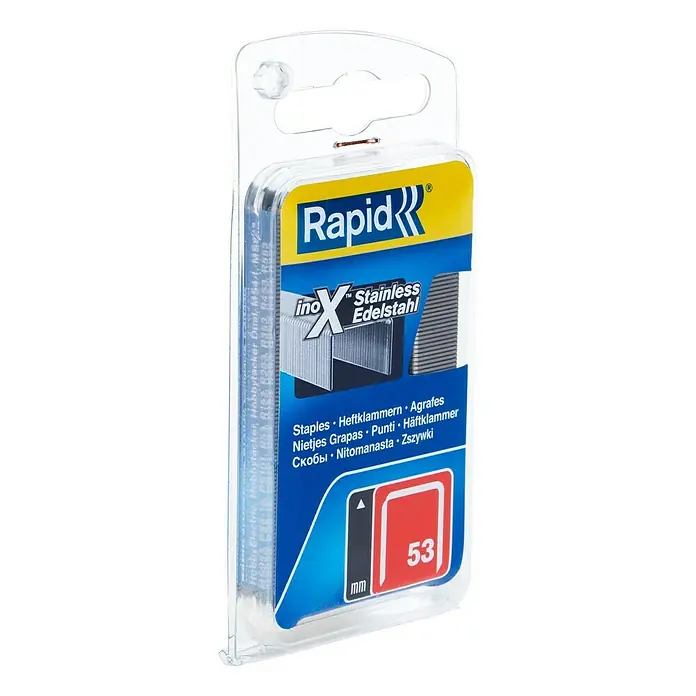 Rapid Heftklammer High Performance 53/8 - Klammertiefe: 8 mm, Edelstahl V2A, 1.080 Stk., Breite: 0,75 mm - Rapid InoX Edelstahl Heftklammern Typ 53, ideal für vielseitige Anwendungen im Büro und Zuhause.