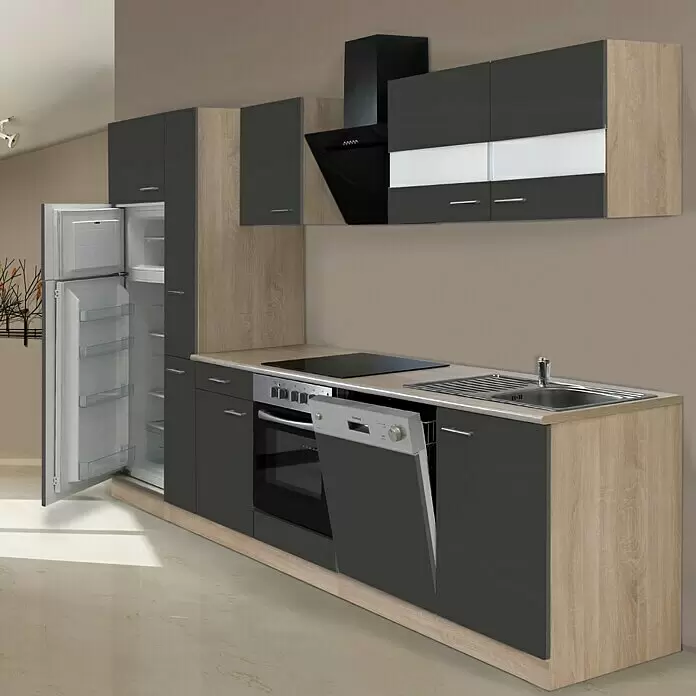 Respekta Composición de cocina Merle - Ancho: 310 cm, Gris, Con electrodomésticos, Volumen horno: 72 l - Cocina modular moderna en gris oscuro y madera clara, con nevera, horno, placa, fregadero, lavavajillas y campana extractora integrados.