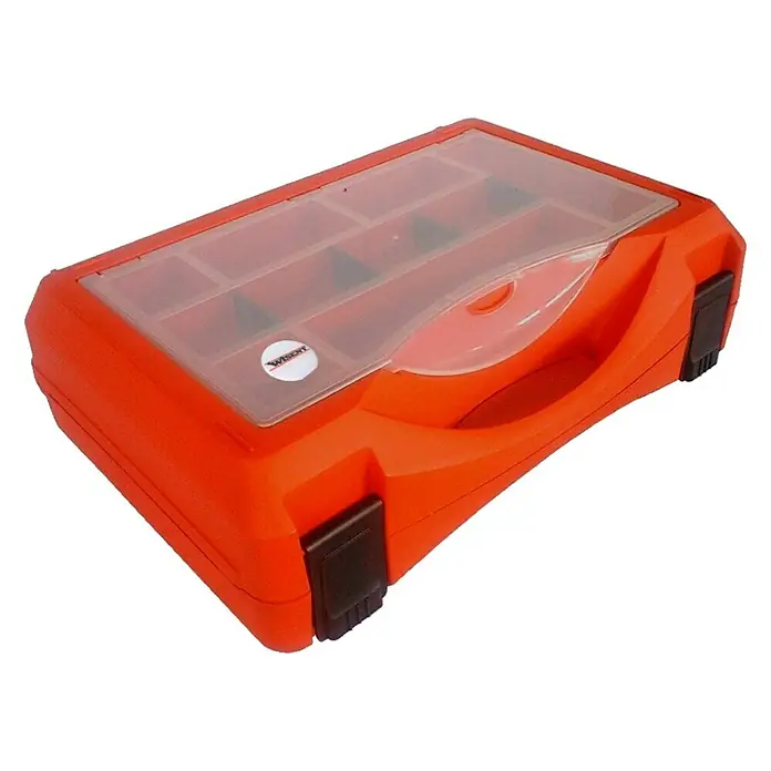 Wisent Kleinteilekoffer Plus - 400 x 270 x 128 mm - Ein orangefarbener Werkzeugkasten mit transparentem Deckel und Fächern zur Aufbewahrung von Kleinteilen.
