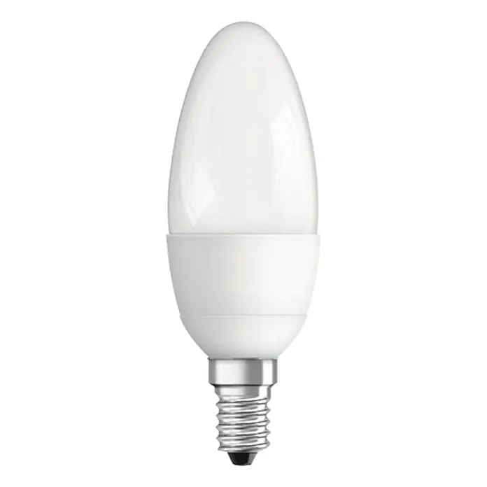 Osram Set de bombillas LED Classic B40 - E14, Blanco cálido, 470 lm, 5,3 W, 3 ud. - Primer plano de una bombilla LED E14 con acabado mate, que proporciona iluminación cálida y de ahorro de energía para uso en interiores.