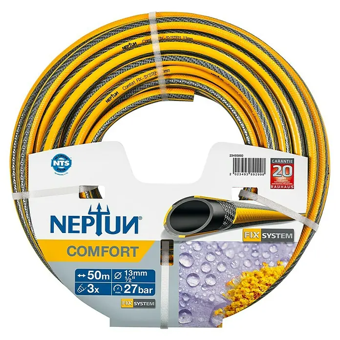 Neptun Comfort Gartenschlauch NTS - Länge: 50 m, Schlauchdurchmesser: 13 mm - Abbildung eines gelben NEPTUN Comfort Gartenschlauchs mit 50m Länge, 13mm Durchmesser und 20 Jahren Garantie.