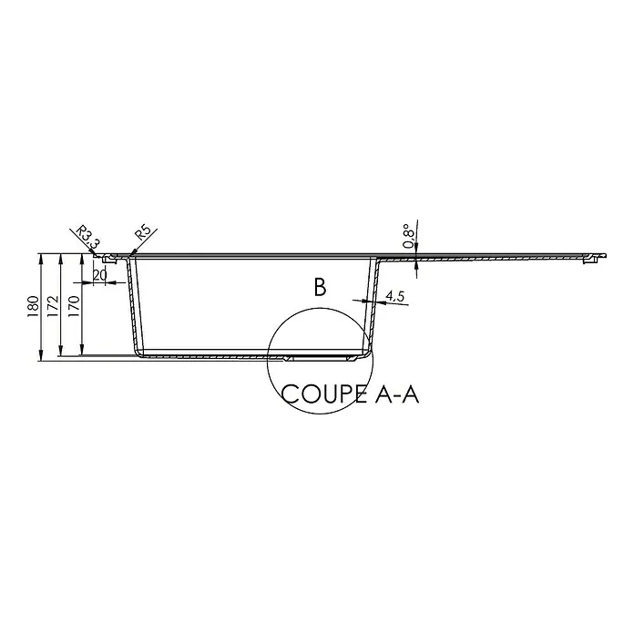 Carea Einbauspüle Tango - 86 x 50 cm, Betongrau, Material Spüle: CAREAgranit® - Technische Zeichnung eines Waschbeckens mit Maßangaben und Detailansichten, die die Bauweise und Abmessungen veranschaulichen.
