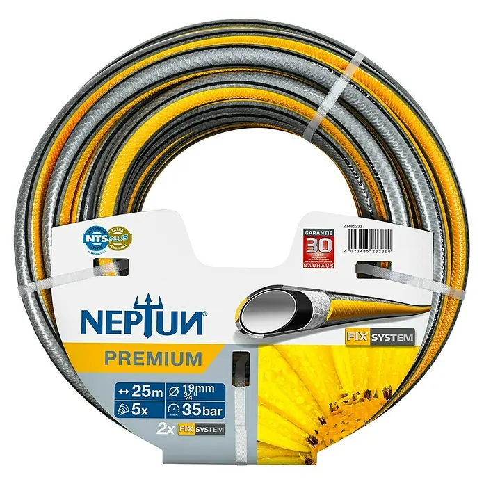 Neptun Premium Gartenschlauch - Länge: 25 m, Schlauchdurchmesser: 19 mm, ¾″, 35 bar - Abgebildet ist ein Neptun Premium Gartenschlauch mit 25m Länge, 19mm Durchmesser und einem maximalen Druck von 35 bar.