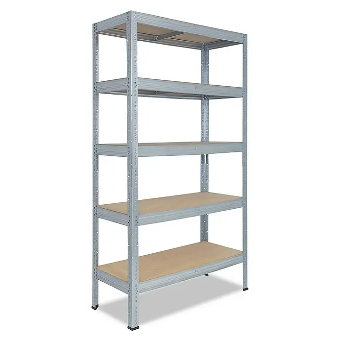 shelfplaza Schwerlastregal PRO - H x B x T: 200 x 100 x 30 cm, Traglast pro Boden: 200 kg, Stecken, verzinkt - Bild eines grauen Metallregals mit fünf Regalböden. Das Regal steht frei und bietet viel Stauraum für verschiedene Gegenstände.