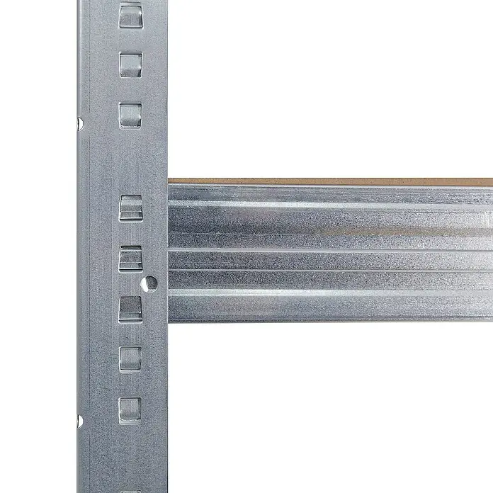shelfplaza Schwerlastregal PRO - H x B x T: 200 x 100 x 30 cm, Traglast pro Boden: 200 kg, Stecken, verzinkt - Nahaufnahme eines Regalsystems aus Metall mit quadratischen Aussparungen und einer Holzplatte.