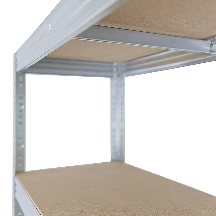 shelfplaza Schwerlastregal PRO - H x B x T: 200 x 100 x 30 cm, Traglast pro Boden: 200 kg, Stecken, verzinkt - Detailaufnahme eines Metallregals mit Spanplattenböden, ideal für Lagerung und Organisation im Haus oder in der Werkstatt.