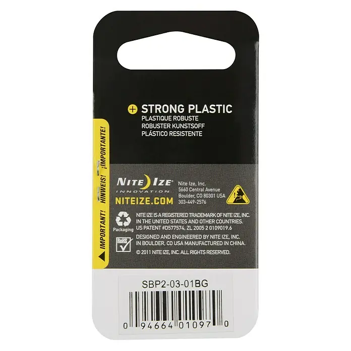 Nite Ize Mosquetón doble - 76 x 50 mm, Plástico, Negro, Carga soportada: 4,5 kg - Embalaje del producto Nite Ize destacando el material plástico resistente y la información de contacto del fabricante.