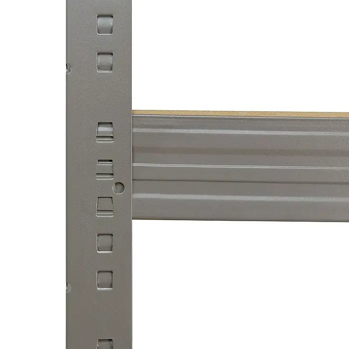 shelfplaza Schwerlastregal PRO - H x B x T: 200 x 30 x 45 cm, Traglast pro Boden: 200 kg, Stecken, grau - Nahaufnahme eines grauen Metallregals mit quadratischen Löchern und einer horizontalen Ablage.