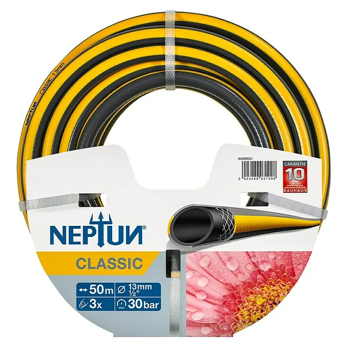 Neptun Classic Gartenschlauch Vorgängerversion - Länge: 50 m, Schlauchdurchmesser: 13 mm, ½″ - Abgebildet ist ein gelb-schwarzer NEPTUN Classic Gartenschlauch mit 50m Länge und 13mm Durchmesser, ideal für die Gartenbewässerung.