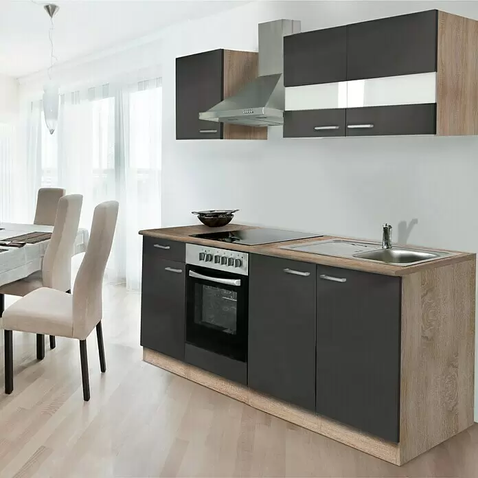 Respekta Cocina compacta Merle - Ancho: 210 cm, Gris, Con electrodomésticos, Volumen horno: 72 l - Mueble de cocina moderno gris oscuro y efecto madera con horno, placa, fregadero, muebles altos a juego y campana.